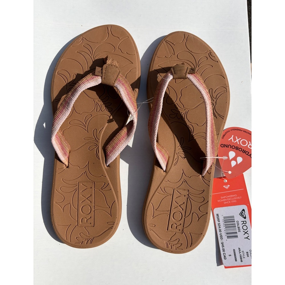 Roxy Colbee Flip Flop Sandals Womens 5 Brown Pink Woven  NEW